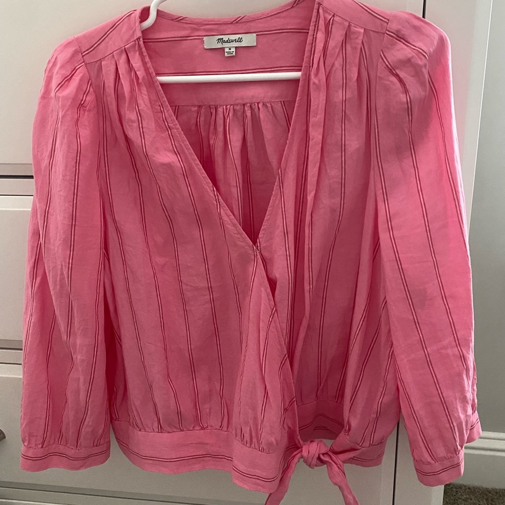 M Madewell pink wrap tie blouse shirt 3/4 sleeve